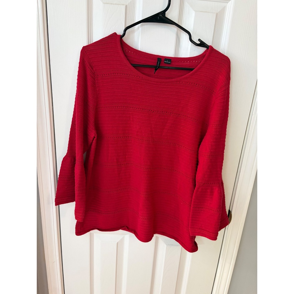 New Directions Sweater Womens Large Red Bell Sleeve Ribbed Pointelle Pullover